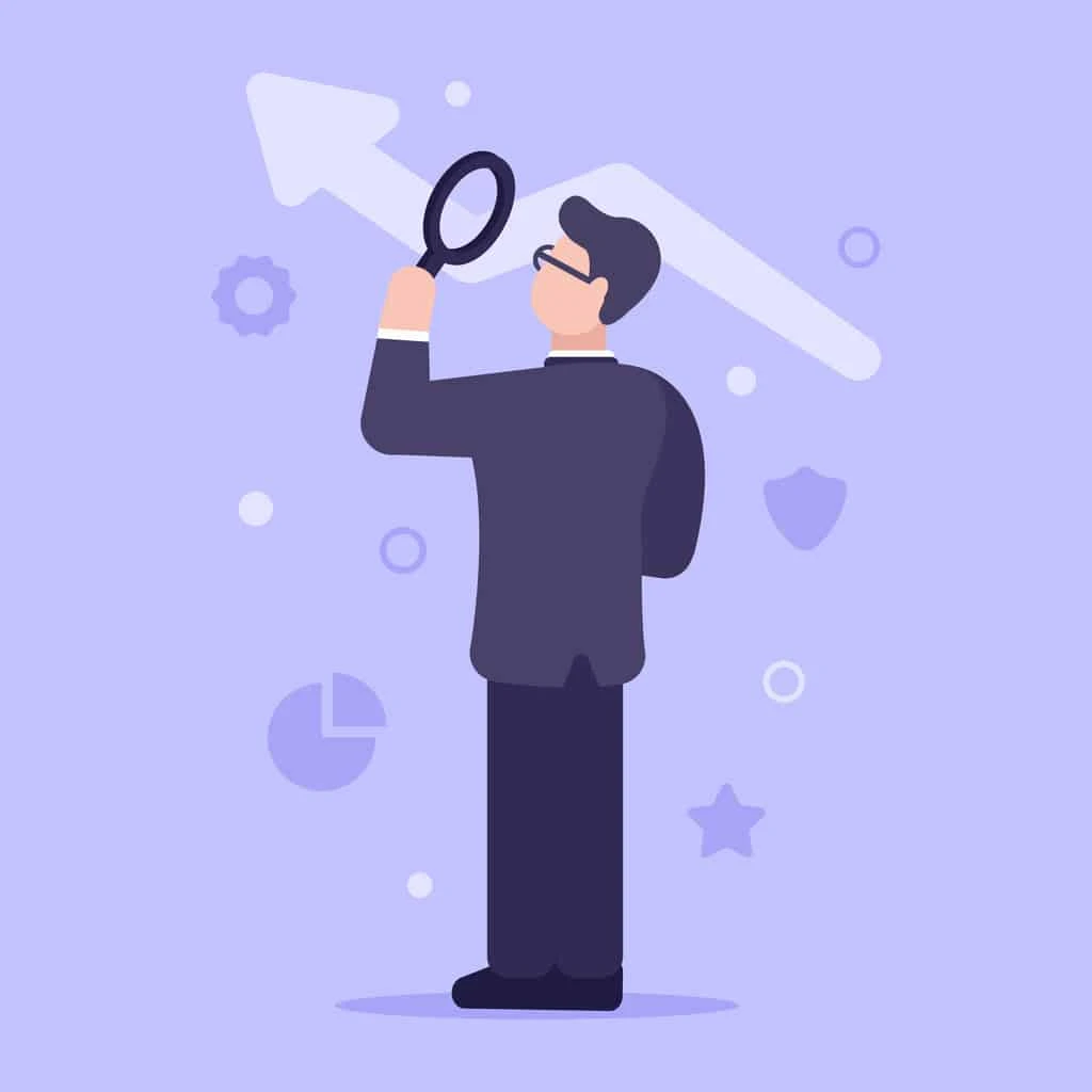 The concept of finding an effective plan of action in business. A man in a suit and looking through a magnifying glass is looking for the best way to promote the business. Web banner. Flat style. The concept of finding an effective plan of action in business. A man in a suit and looking through a magnifying glass is looking for the best way to promote the business.