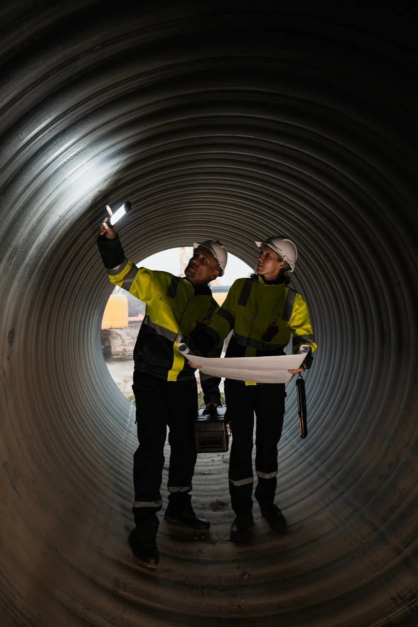 Engineers working inside a large steel pipe, constructing a pipeline for transporting oil, natural gas, and fuel at an industrial facility.