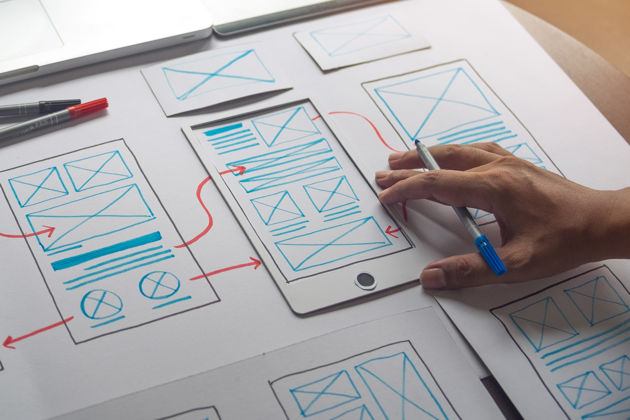 ux Graphic designer creative sketch planning application process development prototype wireframe for web mobile phone . User experience concept.