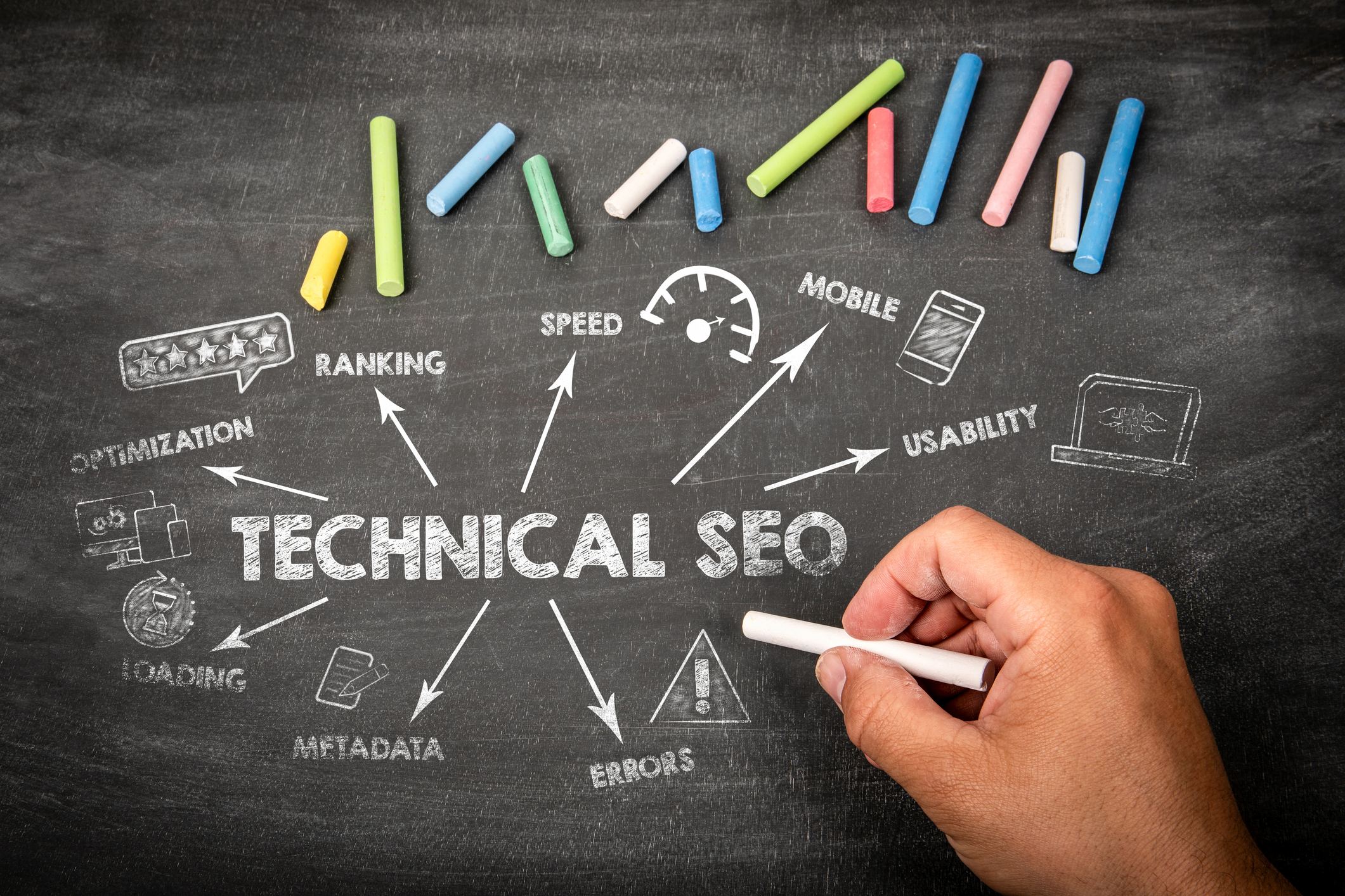 Technical SEO Concept. Illustration with icons, arrows and keywords on a black chalkboard background