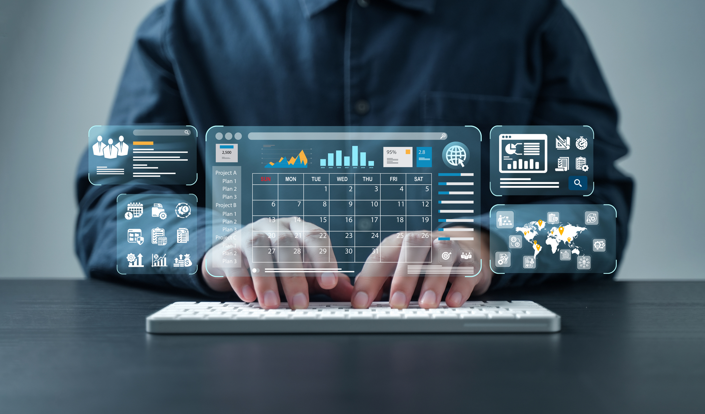 Business planning calendar, work schedule and project management concept, businessman manage time for efficient work, time management, appointment reminder.